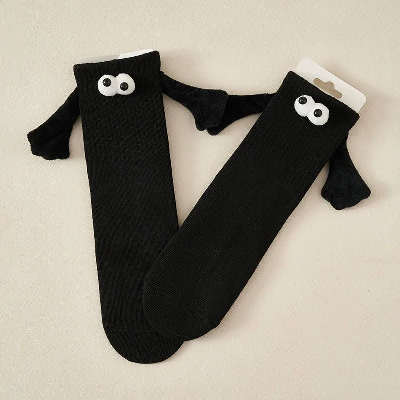 1 Pair Women Fashion Funny Socks Creative Magnetic Attraction Hands Black White Cartoon Eyes Couples Socks