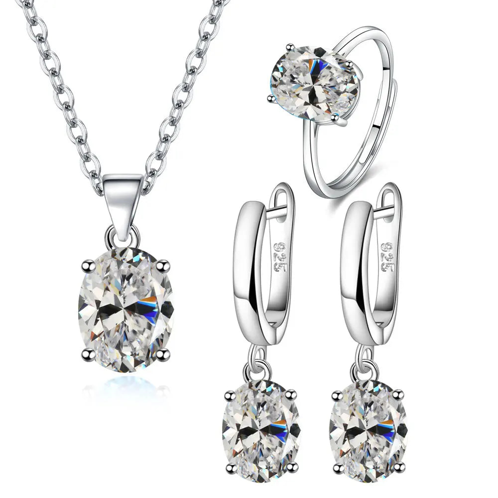 925 Sterling Silver Jewelry Sets For Women Ellipse Zircon Ring Necklace Earrings Luxury Accessories Gifts