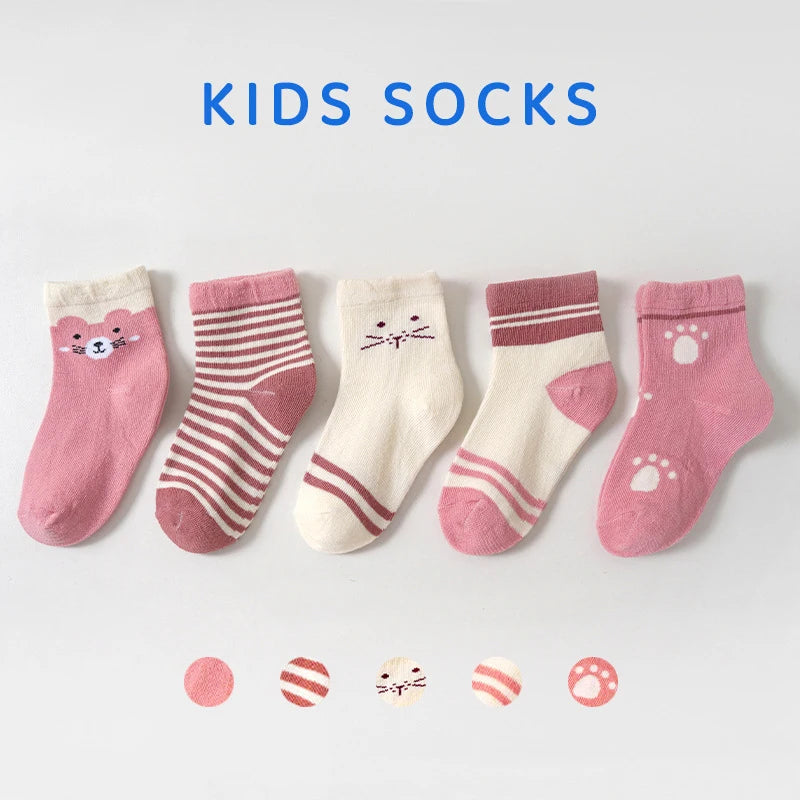 5Pair Cartoon Kids Socks Pink Cat Princess Girl Sock Cotton Keep Warm Winter Middle Tube Socks Baby Footwear Children Sokken Sox