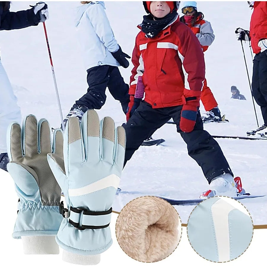 Children's Winter Ski Gloves Heavy Duty Warm Windproof Outdoor Sports Gloves Kids Boys Girls Ski Gloves for 3-14Y Ski Gloves