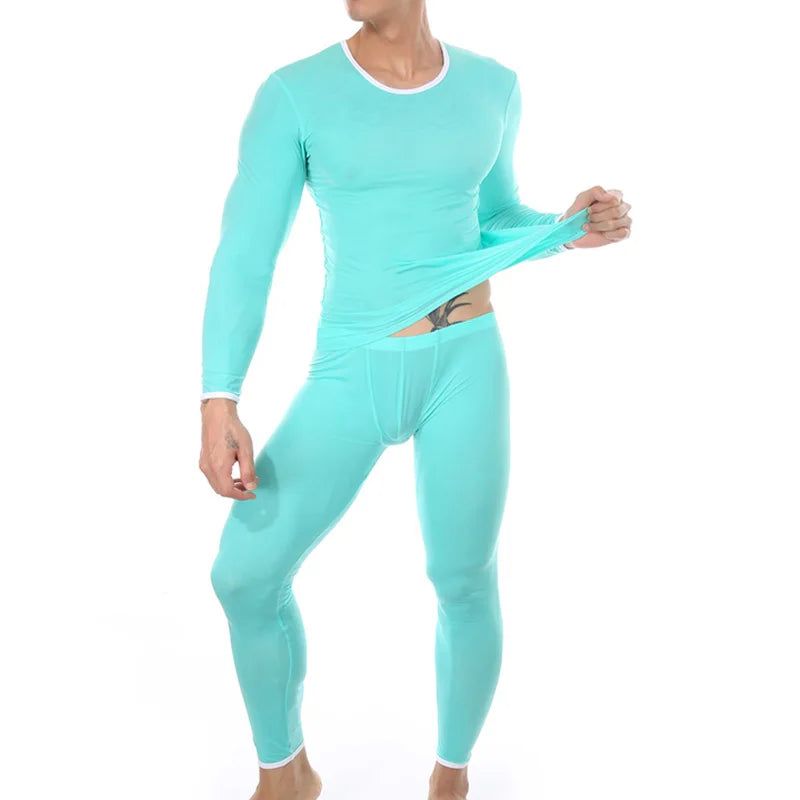 Men's Sexy Transparent Underwear Arrangement Sheer Ultra-Thin Seamless Warm Long Johns Ice Silk Comfortable Long Pajama Set