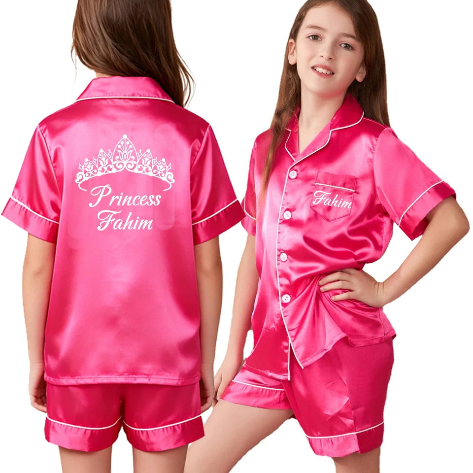 Custom Name and Date Children Pajama Silky Satin Pajamas Flower Girl Personalized Happy Birthday Pajamas Kids Princess Pajamas