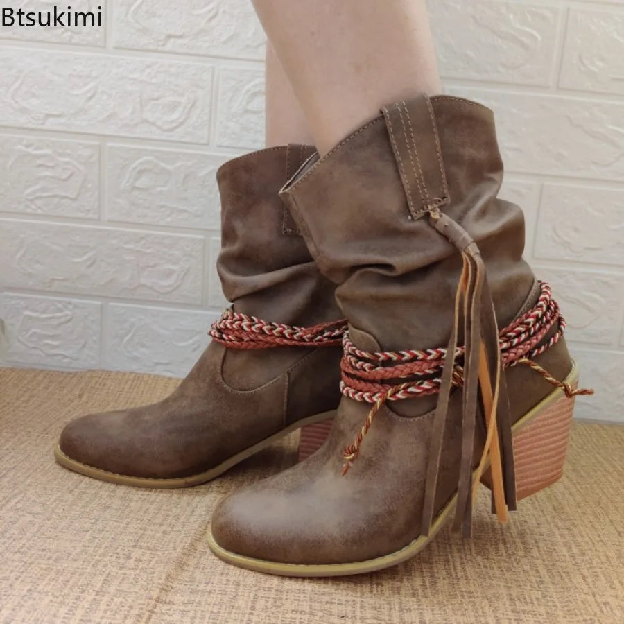 2026 Women's Brown Western Boots Autumn and Winter High Heels Short Boots Retro Pointed Toe Chunky Heels Ankel Boots for Women