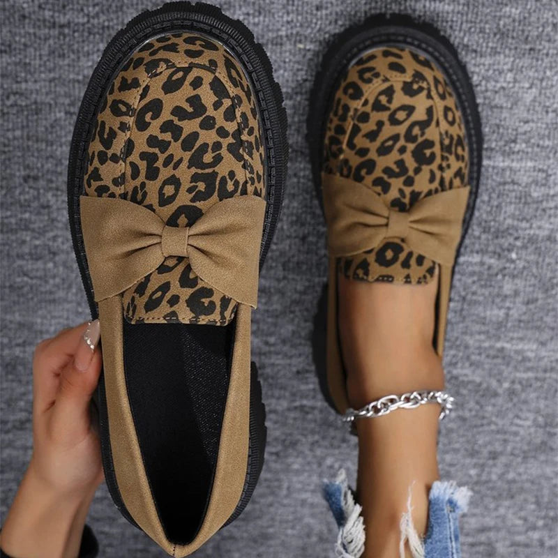 Leopard Faux Suede Loafers Shoes for Women Plus Size Platform Shoes Woman Bowknot Decoration Slip On Casual Shoes Mujer