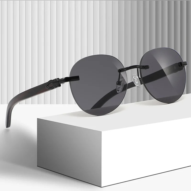 Premium Rimless Sunglasses for Men and Women, Wood Legs, Metal Frame, Fashion Sun Glasses