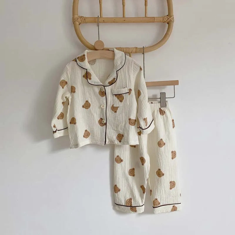 2Pcs Autumn New Kids Pajamas Korean Long Sleeve Print Bear Cardigan And Pants Cotton Musline Yarn Sleepwear
