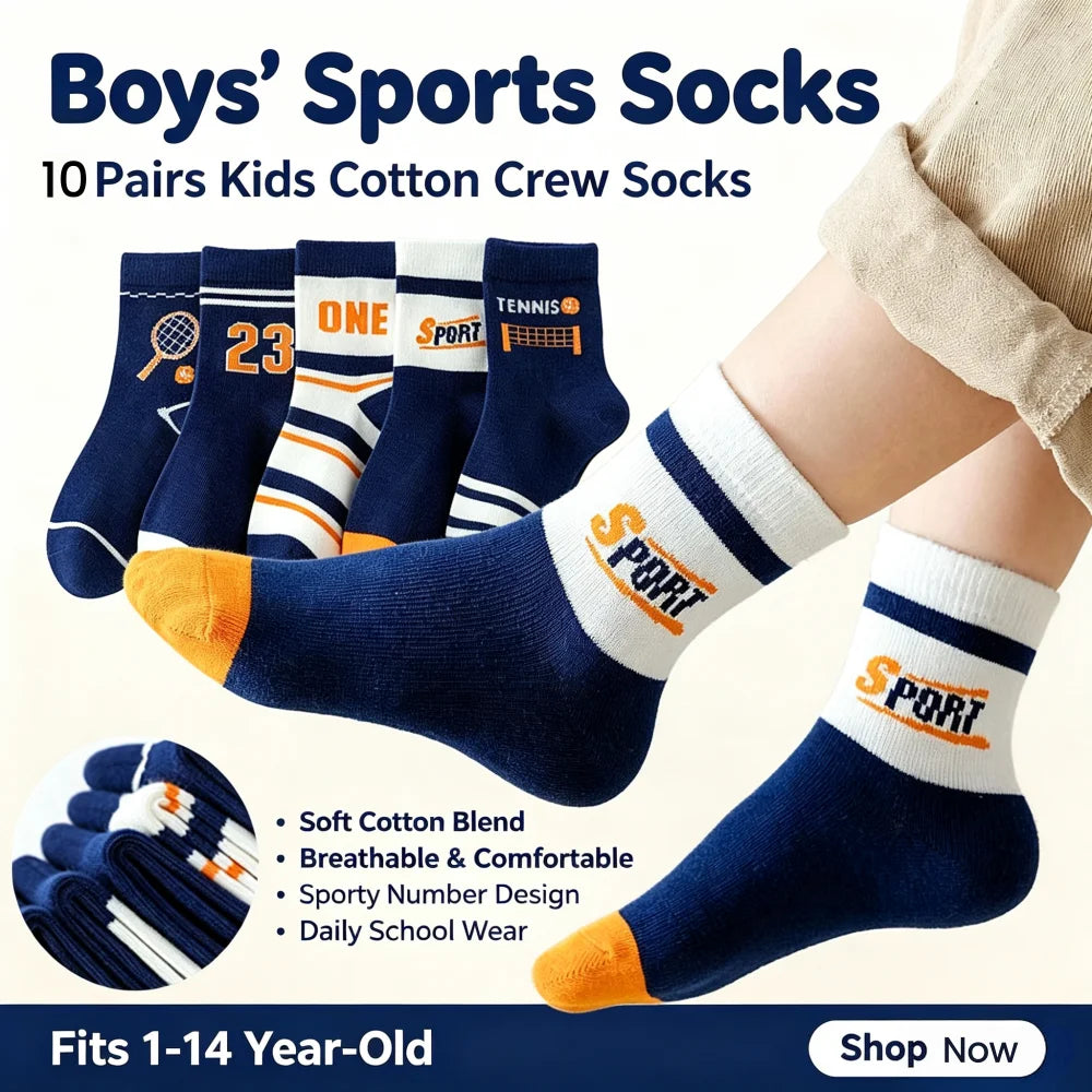 10 Pairs Boys Sports Crew Socks Soft Cotton Children Tennis Number Print Mid Calf Socks Breathable Kids School Daily Socks