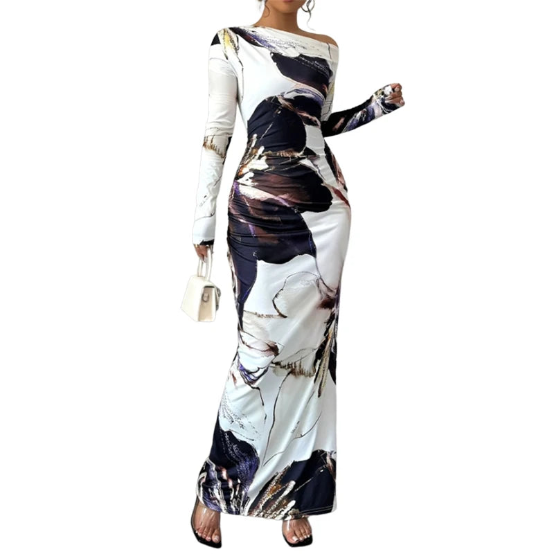 Fashionable Elegant Slim Fit Printed Long Dresses For Women Sexy Slanted Shoulder Long Sleeved Dress Spring Summer 2025 New