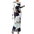 Fashionable Elegant Slim Fit Printed Long Dresses For Women Sexy Slanted Shoulder Long Sleeved Dress Spring Summer 2025 New
