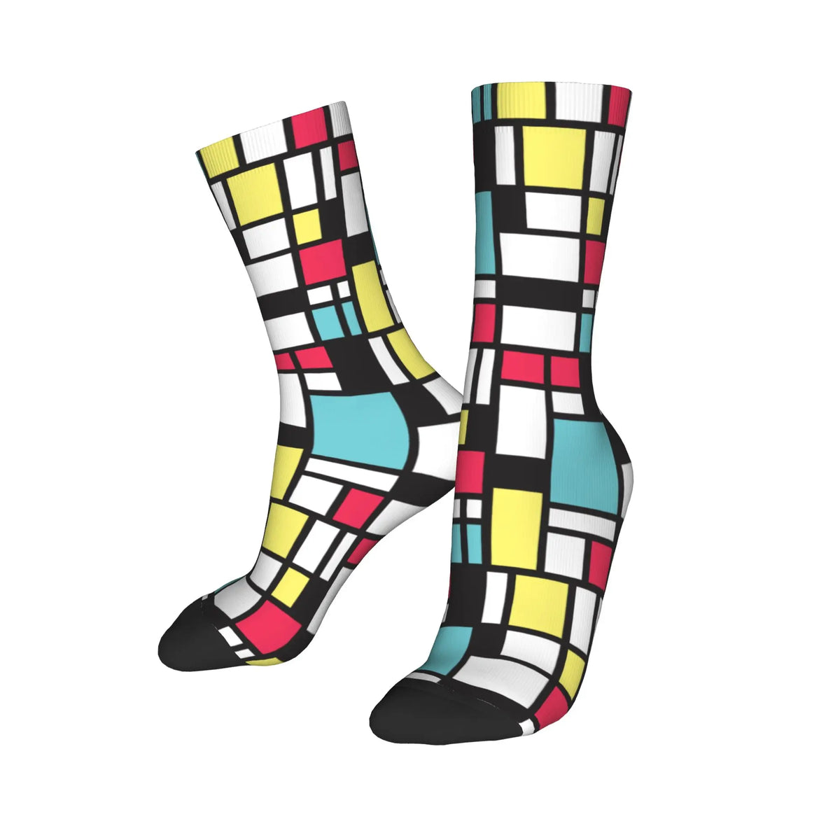 Custom Color Art Retro Mondrian Men Women Crew Socks Unisex Fashion 3D Printed Abstract Art Plaid Dress Socks