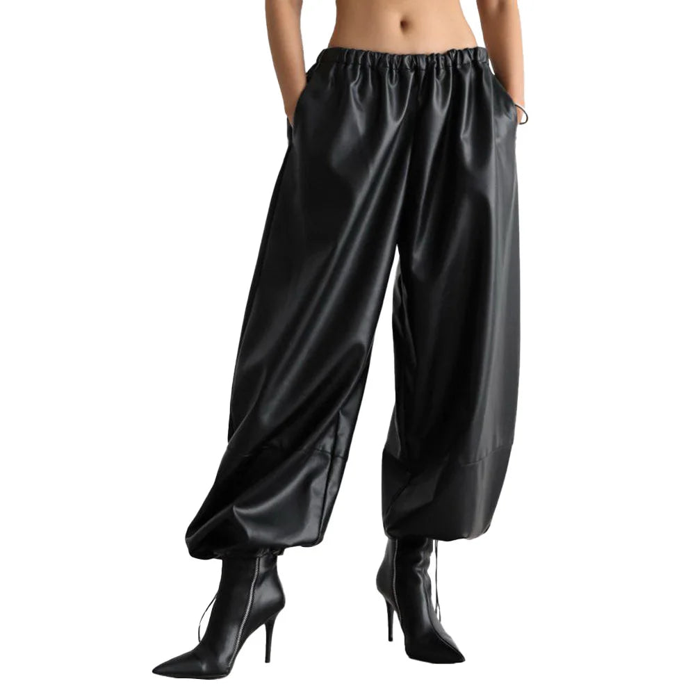 Women's Leather Pants with Drawstring and Tapered Cuffs New Style for Autumn and Winter 2025 Loose Fit.