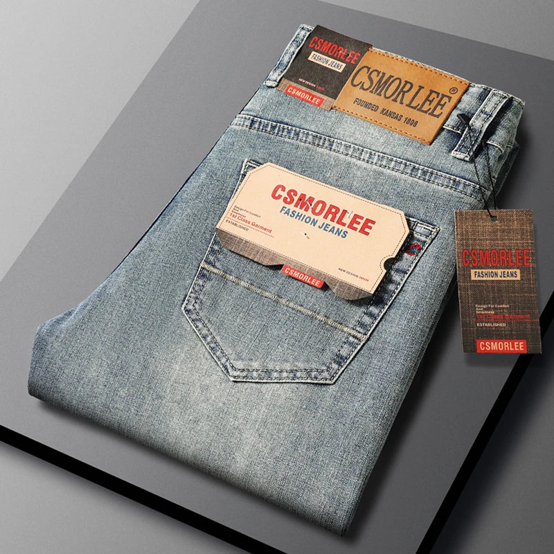 2026 Brand Top Classic Style Men Spring Summer Jeans Business Casual Light Blue Stretch Cotton Denim Male Trousers