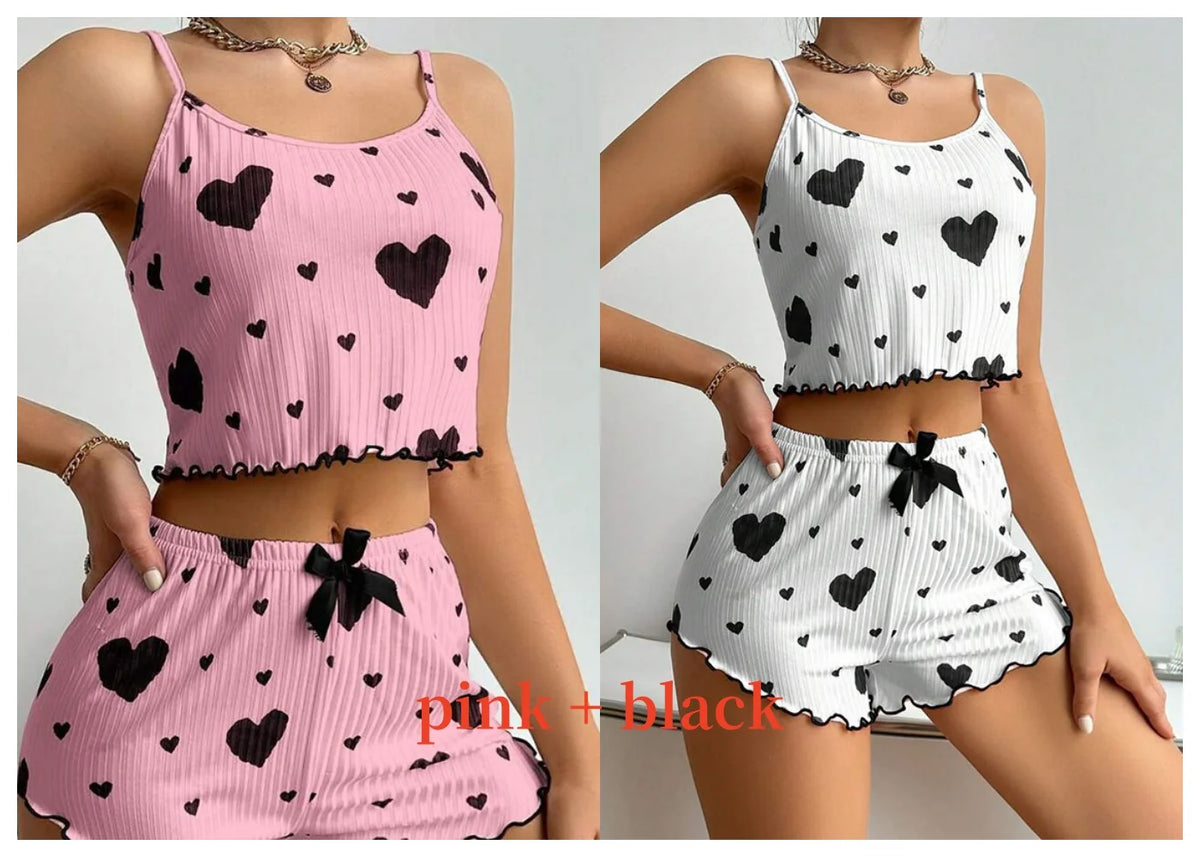 Teen girl Pajamas Set Sleepwear 2 PCS Short Tank Tops And Shorts S M L White Ventilate Soft Casual Love Printing