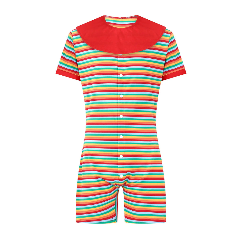 Men Striped Pajamas Bodysuit with Removable Bibs Nightgown Short Sleeve Shorts Bottom One-piece Loungewear for Casual Daily