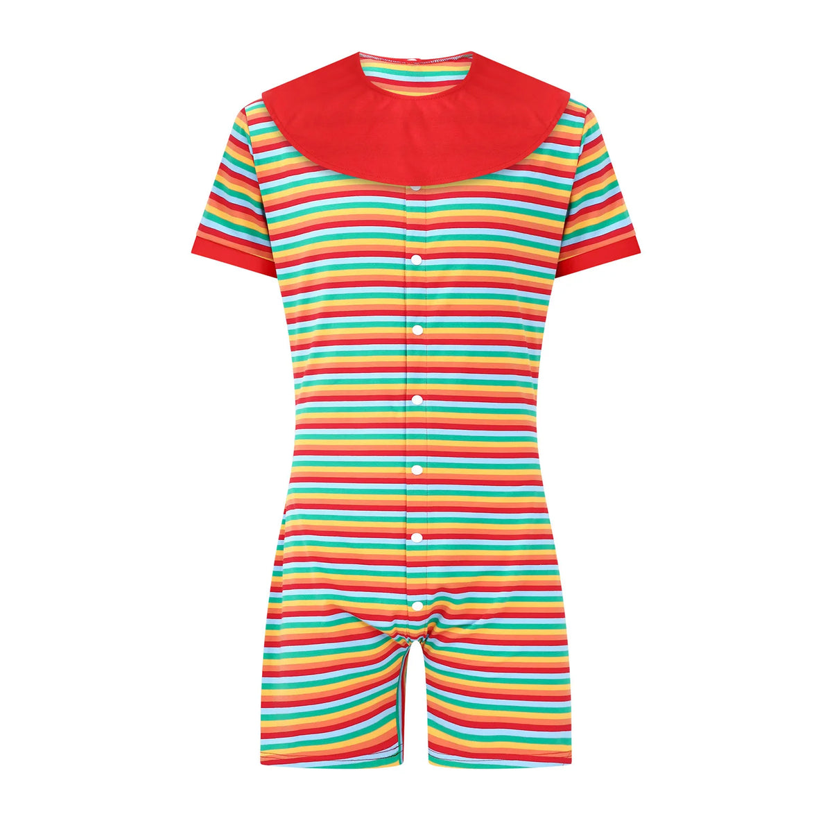 Men Striped Pajamas Bodysuit with Removable Bibs Nightgown Short Sleeve Shorts Bottom One-piece Loungewear for Casual Daily