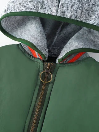 Boys Army Green Thick Padded Jacket Kids Contrast Knit Hood Zipper Warm Winter Outerwear
