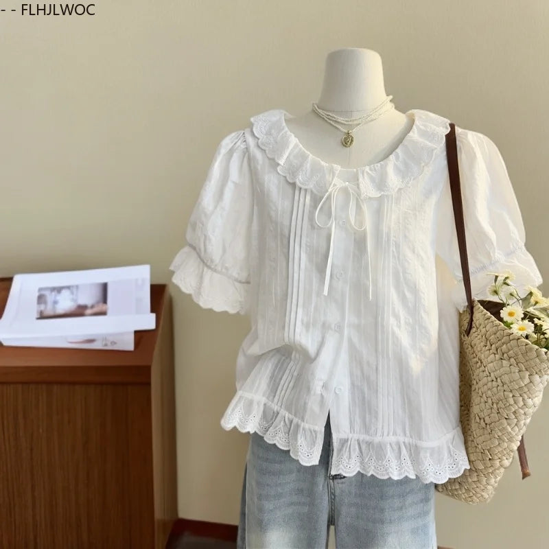 Cute Cotton Blends Tops Short New Design 2025 Woman Summer Short Sleeve Ruffles Casual Hollow Out White Lace Shirts