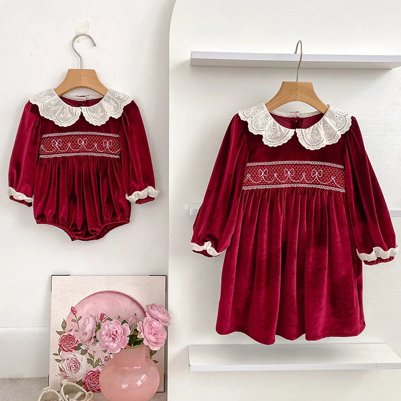 New Christmas Kids Party Dress Baby Bodysuits Sisters Clothes Autumn Sisters Girls Princess Dress Lace Red New Year Kids Clothes