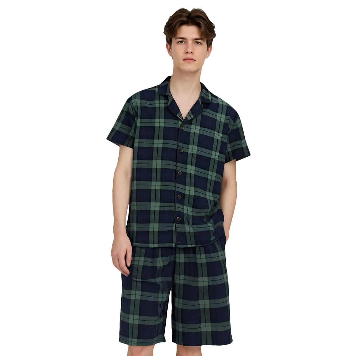 Mens Pajamas Set for Summer Short Sleeve Button Down Shirts Shorts Plaid PJ Set Soft Lounge Set Sleepwear M-XL