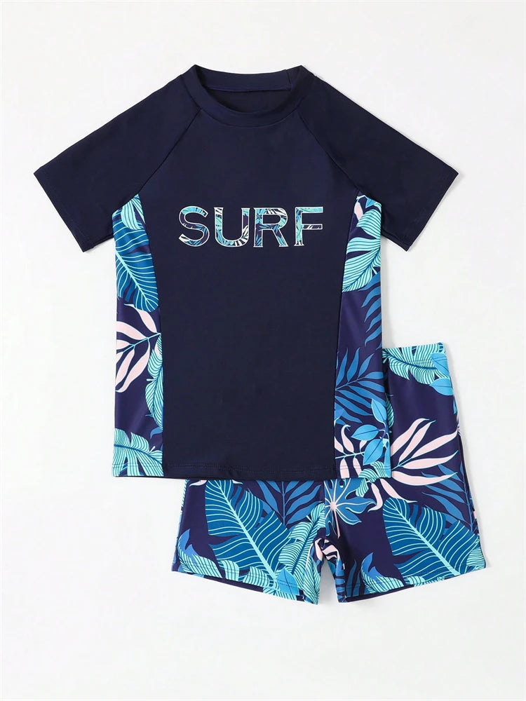 Boy Kids Swimsuit 2026 New Solid Print Short Sleeve Children Swimwear Summer Two Piece Split Beachwear Bathing Suit For Swimming