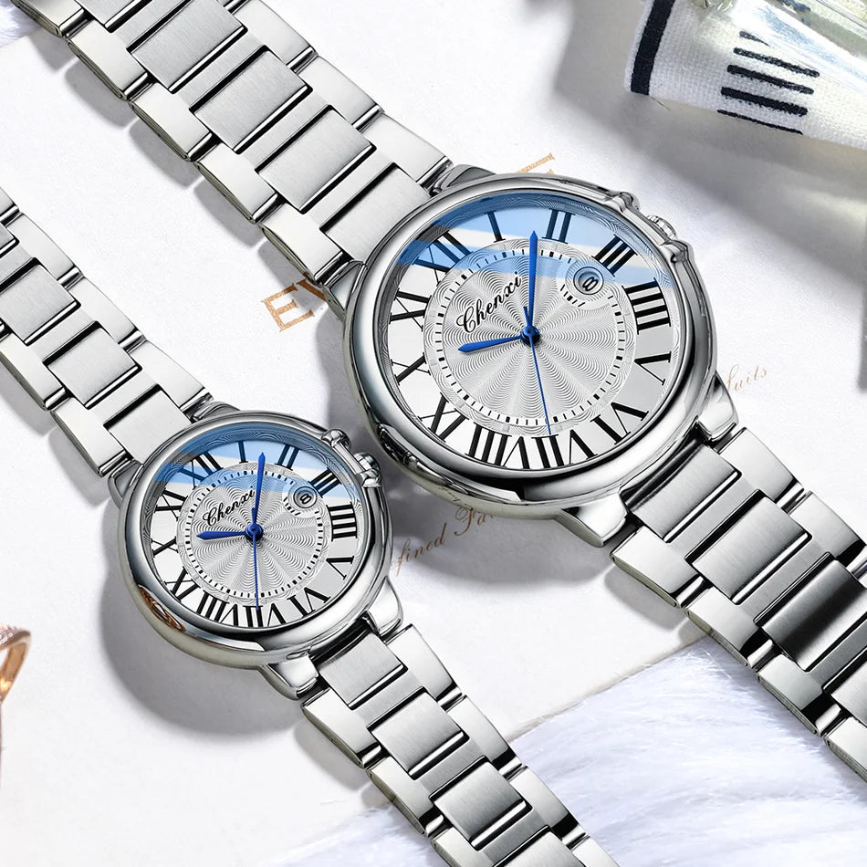 CHENXI 039 Couple Exquisite Watch Quartz Top Brand Luxury Fashion Stainless Steel Silver White Male and Female Couple Watch Gift