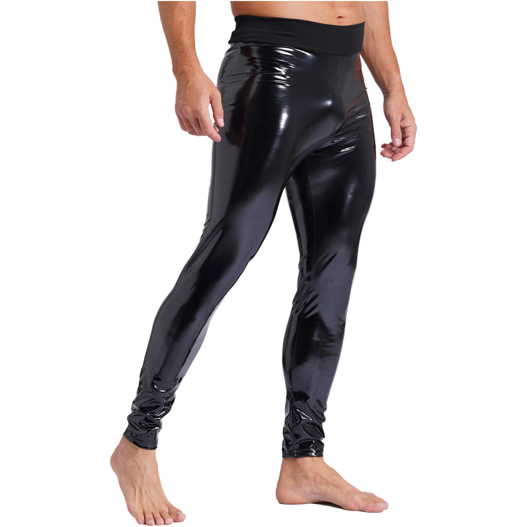 Mens Patent Leather Motor Biker Costumes Skinny Trousers Latex Long Pants Black Stretchy Leggings High Waist Wet Look Clubwear