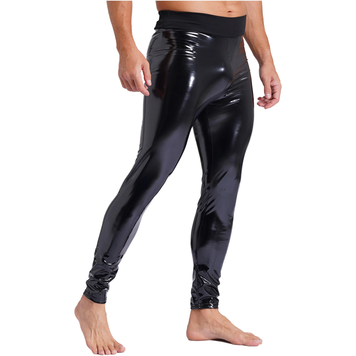 Mens Patent Leather Motor Biker Costumes Skinny Trousers Latex Long Pants Black Stretchy Leggings High Waist Wet Look Clubwear