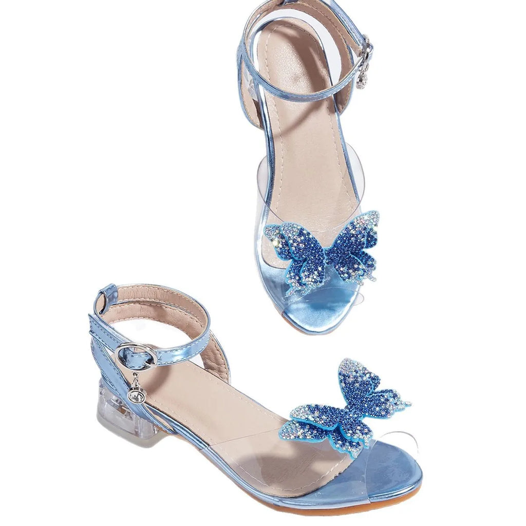 2025 Summer Latest Girls Sandals Bow Thick with Transparent Ankle Strap Children High Heels Rhine-drill Open Toe Princess Shoes
