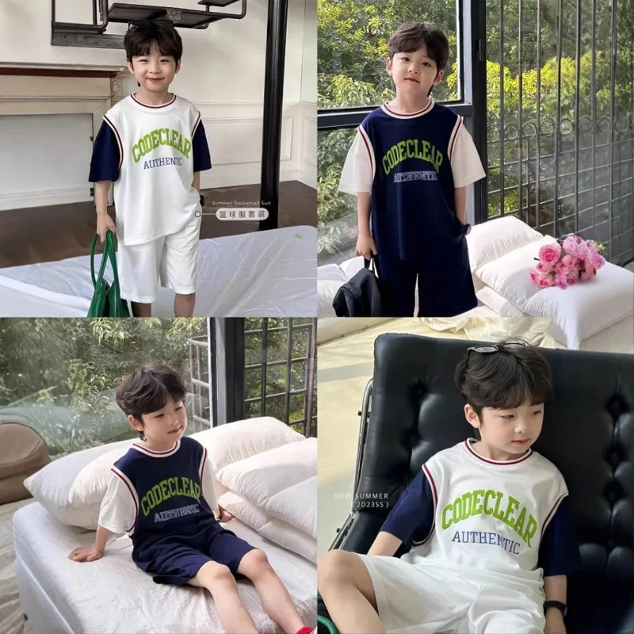 Boys' Sports Suit Summer Short Sleeved Basketball Suit Set Thin Quick Drying Basketball Suit Color Blocked Fashion Sports Style