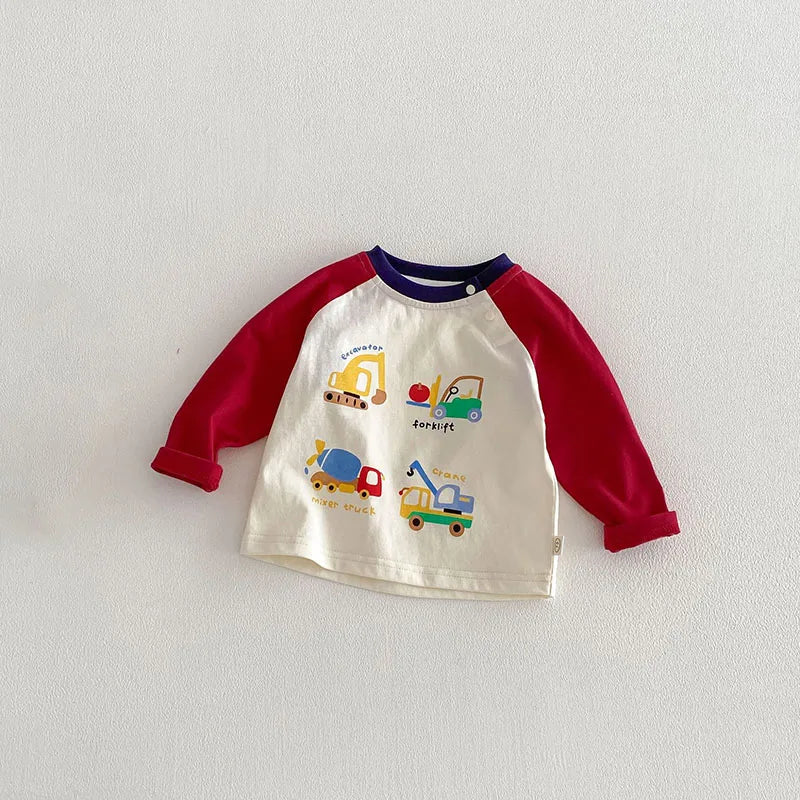 MILANCEL Spring Kids Shirts 9M-5T Cartoon Colorful Car Girls Blouse Engineering Vehicle Series Boys Clothes Children Pants