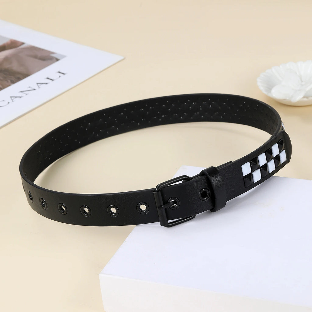 Kids Unisex Pu Leather Belt, Black & White Square Rivet Studded Waist Strap for Boys Girls Jeans