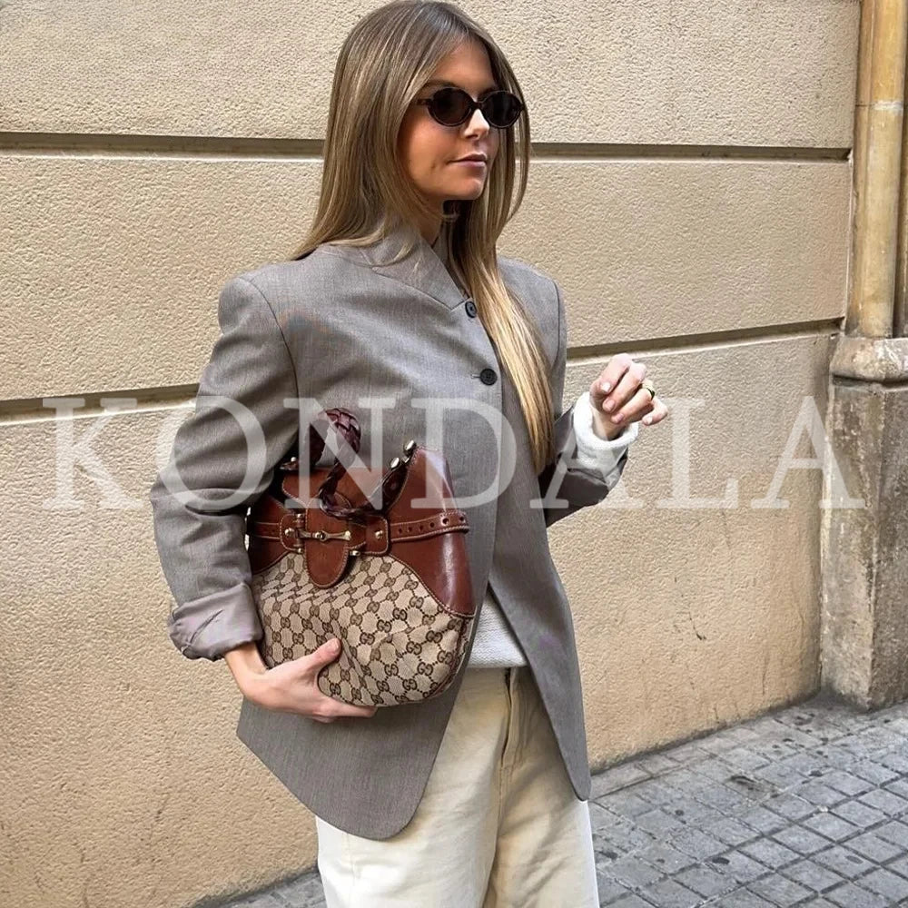 KONDALA 2026 Spring Summer Women Going Out Blazers Fashion Half High Collar Elegant Luxury Casual Ladies Chic Blazers