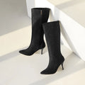 Women's Boots in Black, Red, White, and Yellow with Fine Shimmer, Pointed Toe, Stiletto Heel, Designer Style, Mid-High Boots for Women, New Autumn and Winter Elegant High-Heeled Shoes, Clearance Sale, Solid Color Simpl