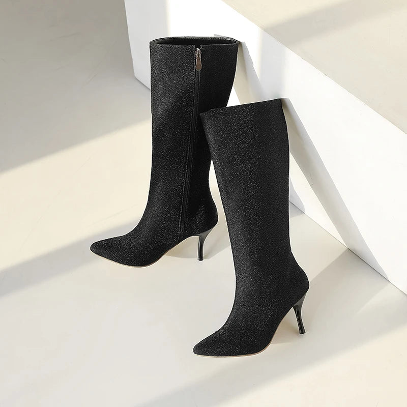 Women's Boots in Black, Red, White, and Yellow with Fine Shimmer, Pointed Toe, Stiletto Heel, Designer Style, Mid-High Boots for Women, New Autumn and Winter Elegant High-Heeled Shoes, Clearance Sale, Solid Color Simpl