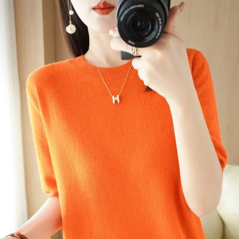 2025 Spring Summer Womens Sweater Short Sleeve O-neck Slim Fit Knitted Pullovers Bottoming Casual Knitwear Camel Pink Clothes