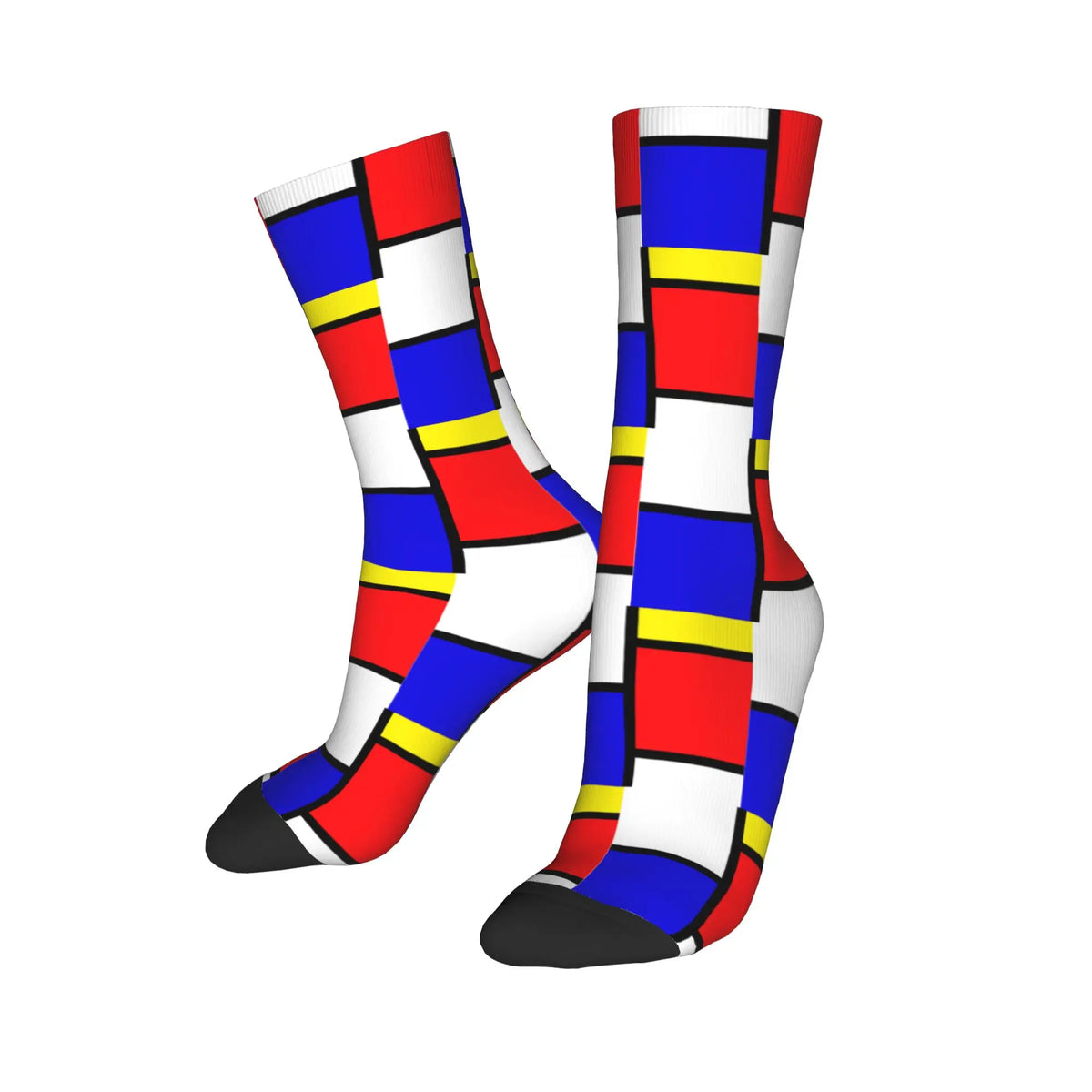 Custom Color Art Retro Mondrian Men Women Crew Socks Unisex Fashion 3D Printed Abstract Art Plaid Dress Socks