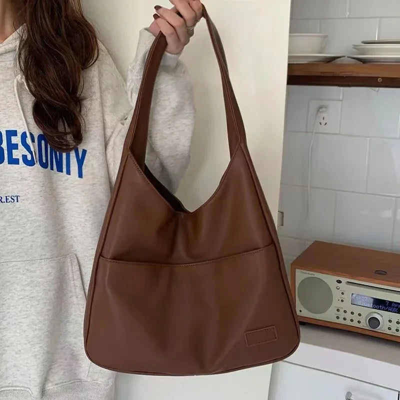 Large Capacity Black Leather Tote Bag for Women Fashionable Versatile Shoulder Bag Purse