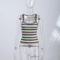 Y2K Style 2 Piece Set For Women Striped Square Neck Cropped Cami Top High Waist Flare Pants Lady's Casual Streetwear Outfits