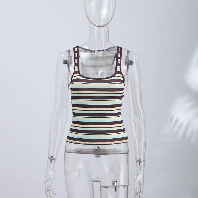 Y2K Style 2 Piece Set For Women Striped Square Neck Cropped Cami Top High Waist Flare Pants Lady's Casual Streetwear Outfits