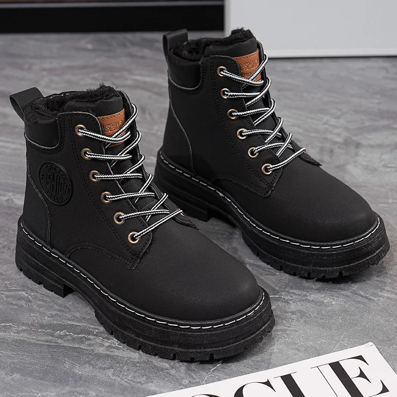 Women's Boots 2026 High Top Workwear Boots British Style Korean Version Thick Soled Lace Up Anti Slip Warm Waterproof Boots
