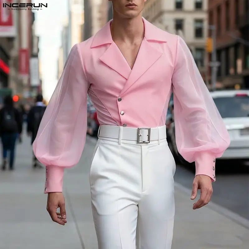 INCERUN Men Blazer Mesh Patchwork Lapel Long Sleeve See Through Male Suit Streetwear Sexy Button 2026 Fashion Casual Thin Coats