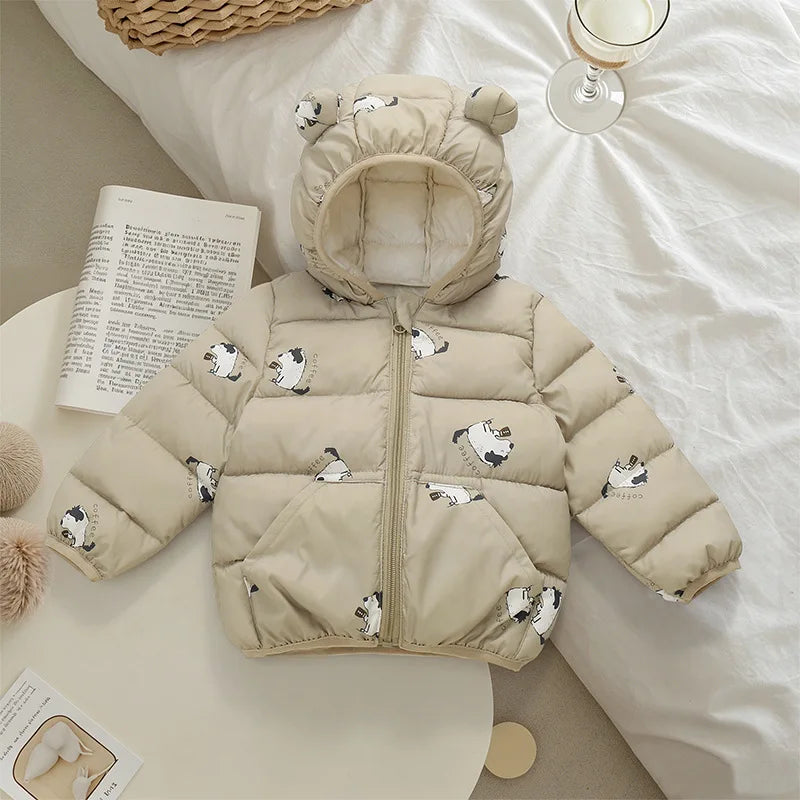 Kids Winter Warm Printed Jacket Boys Girls Windproof Hooded Cotton Coat with Ears Soft Children Baby Sportswear Student Outdoor
