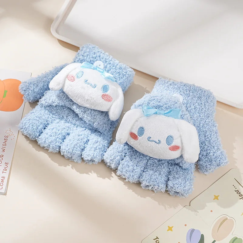 Children's Warm Gloves for Boys and Girls Cartoon Cute Half Finger Knitted Winter Flip Cover Baby Thick Cold Proof Five Fingers