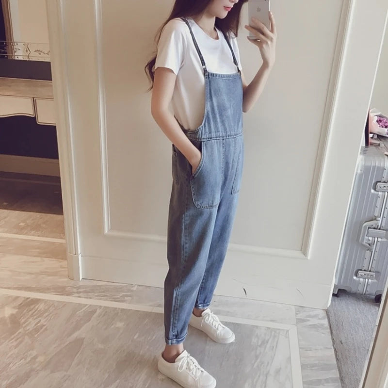 Summer Thin Denim Overalls Women's Loose High Waist Multi Pocket Worn out Washed Light Blue Nine Points Overalls Spring Autumn