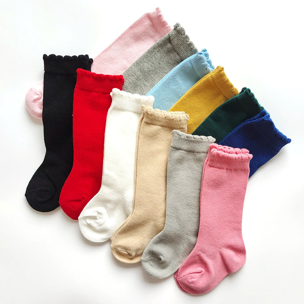 New Kids Knee High Socks Baby Girls Boys Flat Long Sock Soft Cotton Solid Color Children Stockings For 0-7 Years