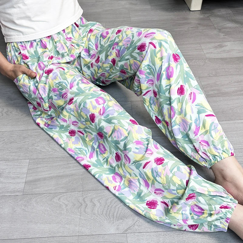 Cool Summer New Silk Cotton Spwear Loose Women's Wide Leg Pants Home Wear Floral Print Heat Resistant Comfortable Casual T...