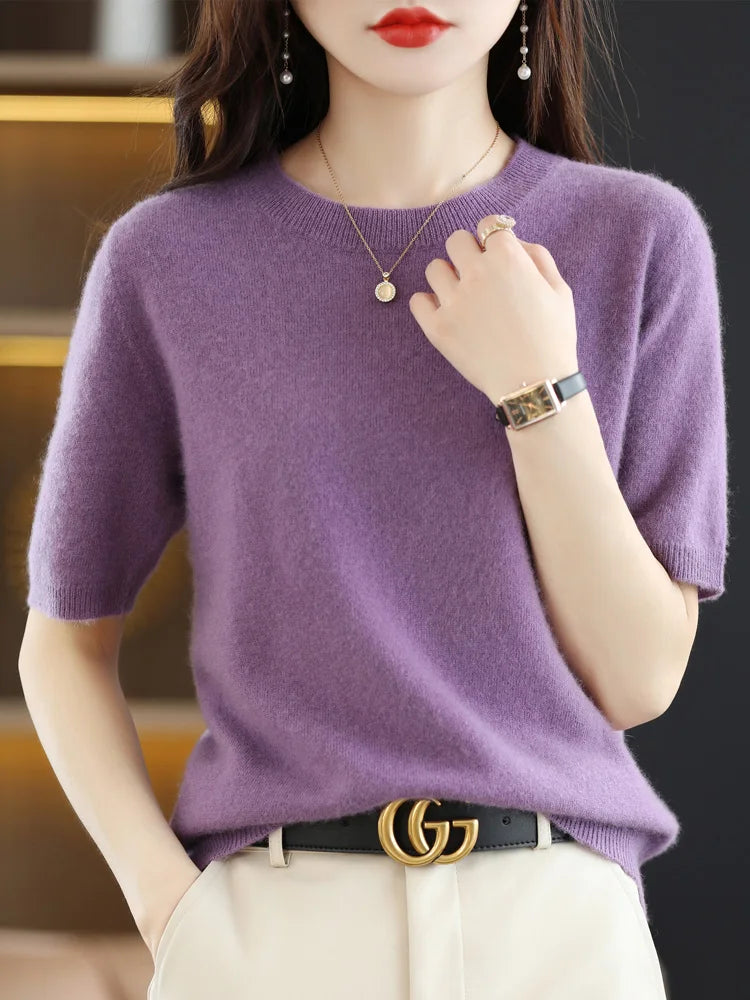 Short Sleeves Women's Sweater O-neck Bottoming Shirts Solid Spring Summer Korean Fashion Sweater Knit Top Casual Basic Pullovers