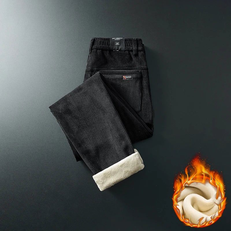 Winter Fleece Warm Corduroy Fabric Men's Casual Pants Outdoors Business Thick Flocking Plush Black Grey Brown Trousers Male