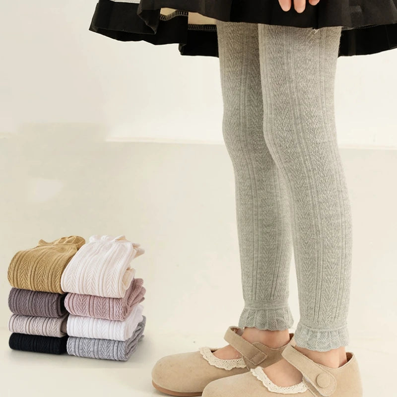 Kid Pants Spring Autumn Baby Girls Stretch Tight Leggings Cotton Solid Ruffle Ribbed Toddler for 1-8years