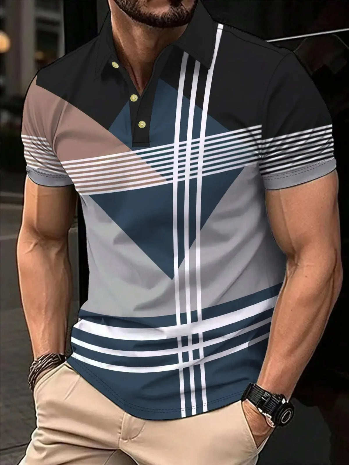 2026 Summer Men's Polo Shirt with Stripes Print Breathable Lightweight Casual Fashionable Outdoor Men's Clothing